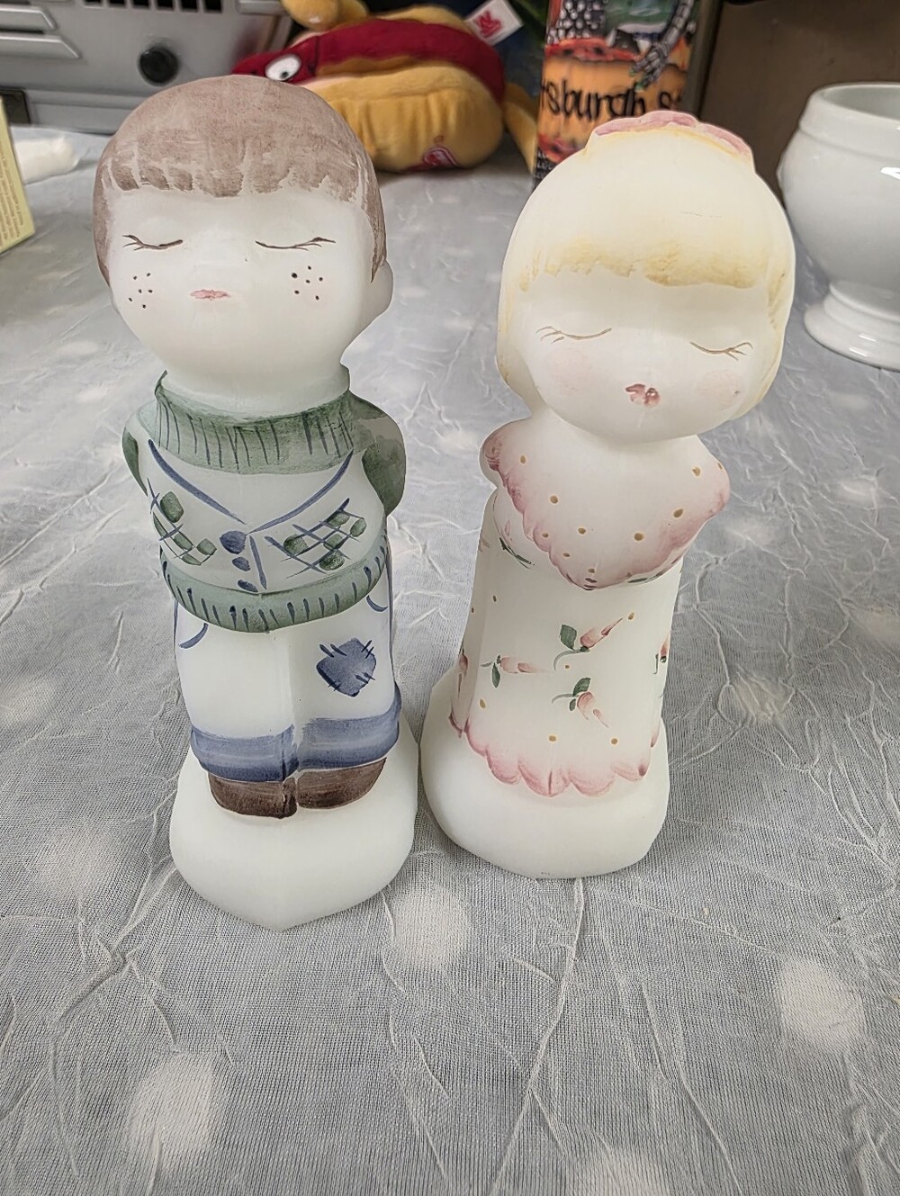 Hand Paint Kissing Kids Opal Satin Fenton Art Glass Pair.